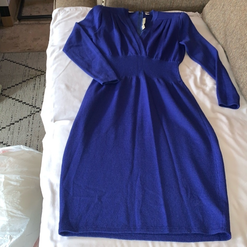 Vintage St John by Marie Gray Dress Royal Blue Knitted V-Neck Authentic 8